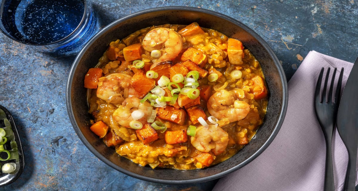 Prawn and Roasted Butternut Squash Dahl with Spring Onions